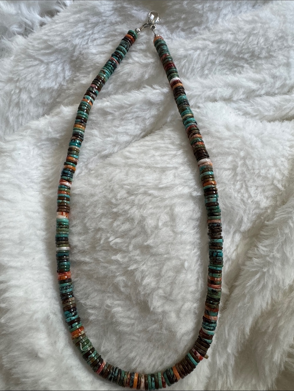 Turquoise and spiny oyster Heishi Bead Necklace -sterling silver clasp